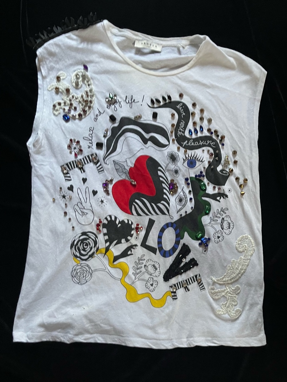 Sandro Embellished Graphic Sleeveless Muscle T-Shirt